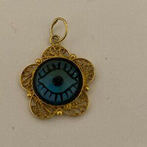 14K Yellow Gold EVil Eye Pendant Filigree